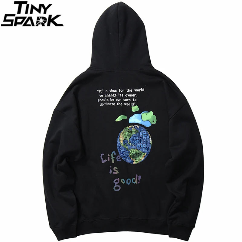 PINERS men's hip hop streetwear hoodie with globe print, fleece cotton pullover sweatshirt, ideal for winter and autumn.