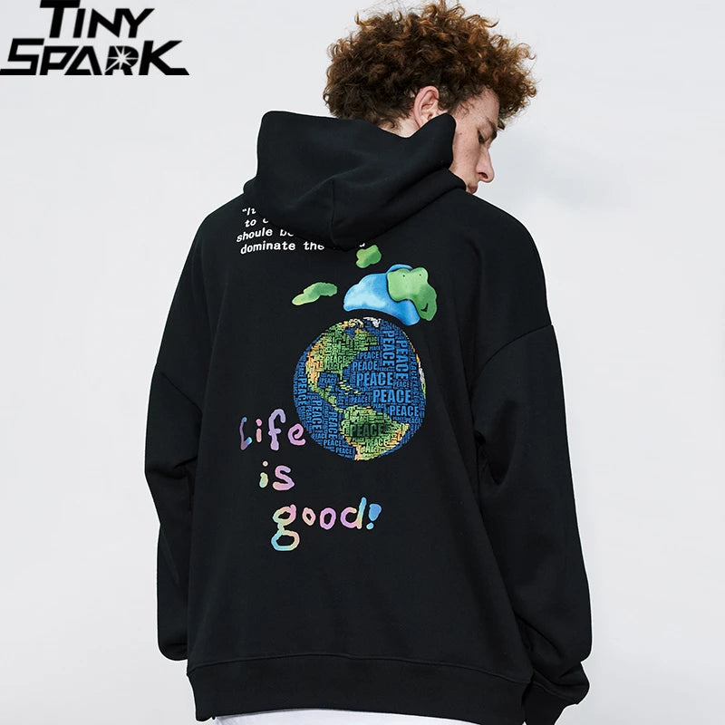 PINERS men's hip hop streetwear hoodie with globe print, fleece cotton pullover, loose fit, ideal for winter and autumn.